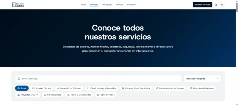 Sección de servicios del sitio de Firenow Solutions