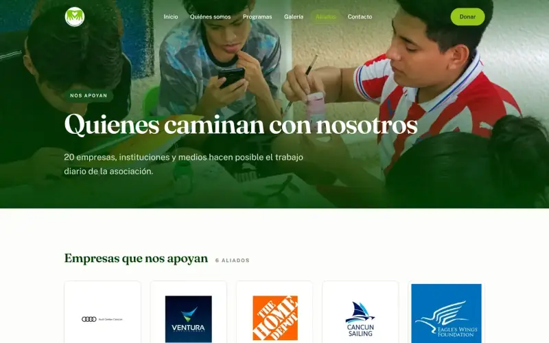 Página de aliados con los logotipos de las empresas que apoyan a la asociación