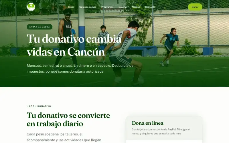 Página de donativos con opciones mensual, semestral o anual y pago en línea